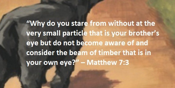 “Why do you stare from without at the very small particle that is your brother’s eye but do not become aware of and consider the beam of timber that is in your own eye?” – Matthew 7:3