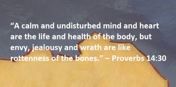 “A calm and undisturbed mind and heart are the life and health of the body, but envy, jealousy and wrath are like rottenness of the bones.” – Proverbs 14:30